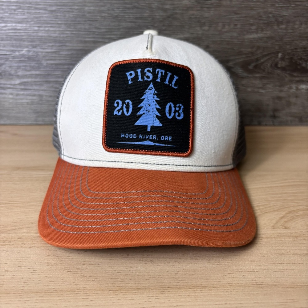 Pistil Hat Cap Snap Back Mens Cream Orange Gray Trucker Mesh Embroidered Patch